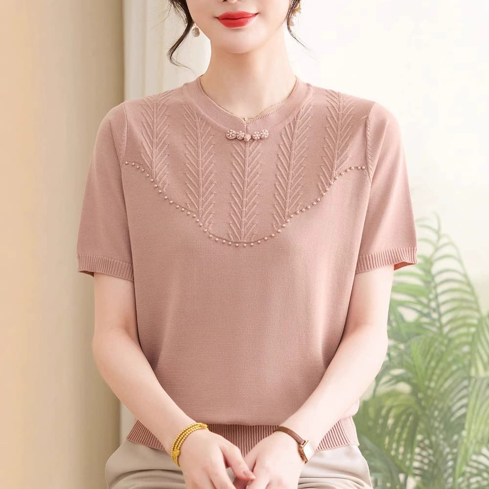 Маминая летняя новая футболка из ледяного шелка в китайском стиле с короткими рукавами, универсальный топ для женщин среднего и пожилого возраста, вязаный рубашечный костюм в китайском стиле