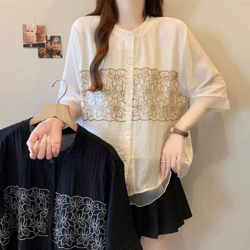 2025 шифоновая рубашка новый большой размер летний топ женская свободная кардиган с коротким рукавом для мамы, утягивающий живот