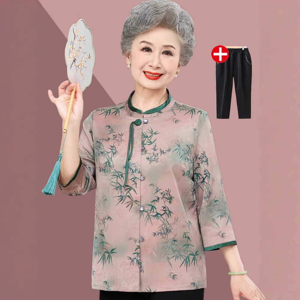 Летняя одежда для пожилых людей, женские рубашки, топы в китайском стиле для мам, новые летние рубашки для бабушек, женский костюм Тан, комплект из двух предметов.