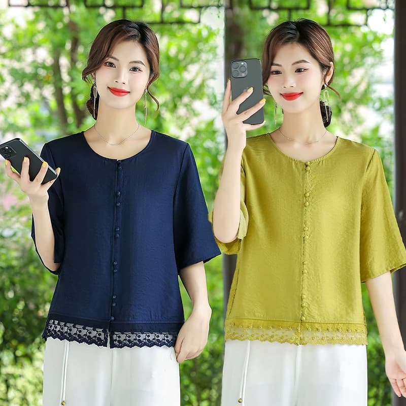 2025 новая летняя футболка с круглым вырезом, однорядная, с несколькими пуговицами, с рукавом пять четвертей, кружевная футболка из рами, легкий и дышащий топ
