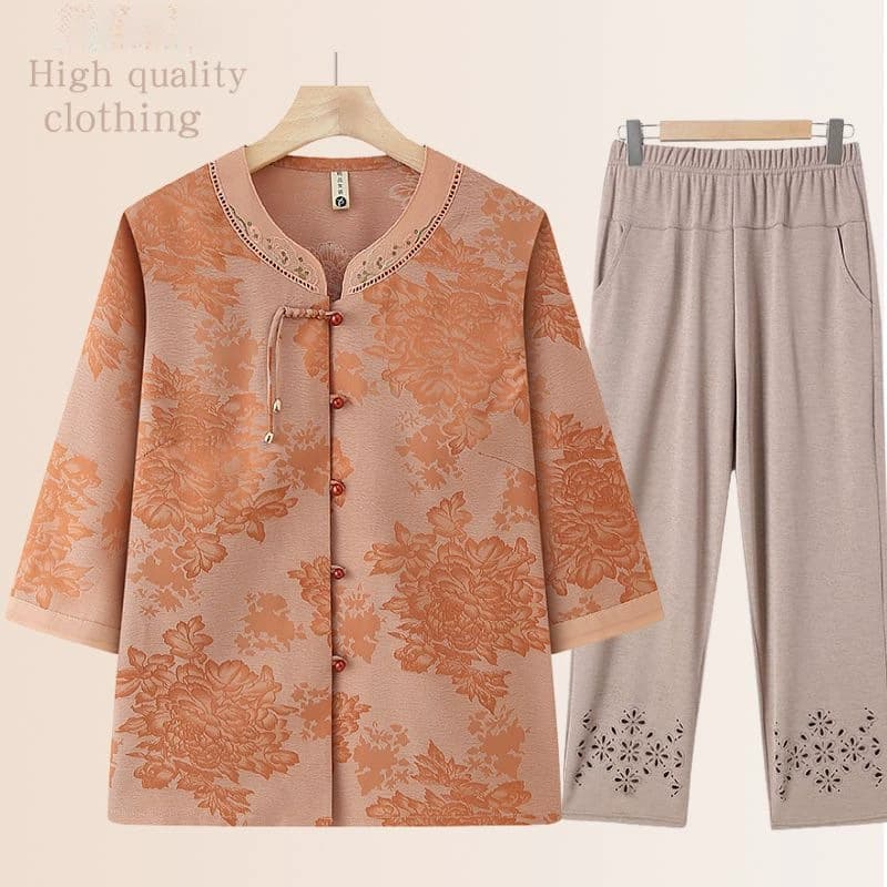 Женская летняя одежда для бабушек, топы для мам среднего и пожилого возраста, новая одежда в китайском стиле, рубашки и костюмы с рукавами три четверти в китайском стиле.
