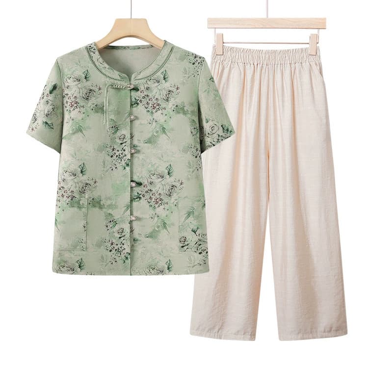 Футболка с короткими рукавами для бабушки среднего и пожилого возраста, элегантный комплект из двух предметов для мамы, свободный топ для пожилых женщин, костюм