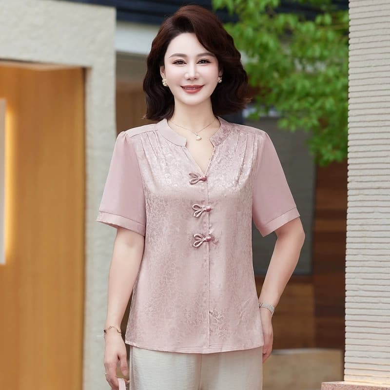 Летняя одежда для мам, новая шифоновая рубашка в стиле шинуазри, новинка 2025 года, летние женские футболки с короткими рукавами в стиле шинуазри для женщин среднего и пожилого возраста, топы
