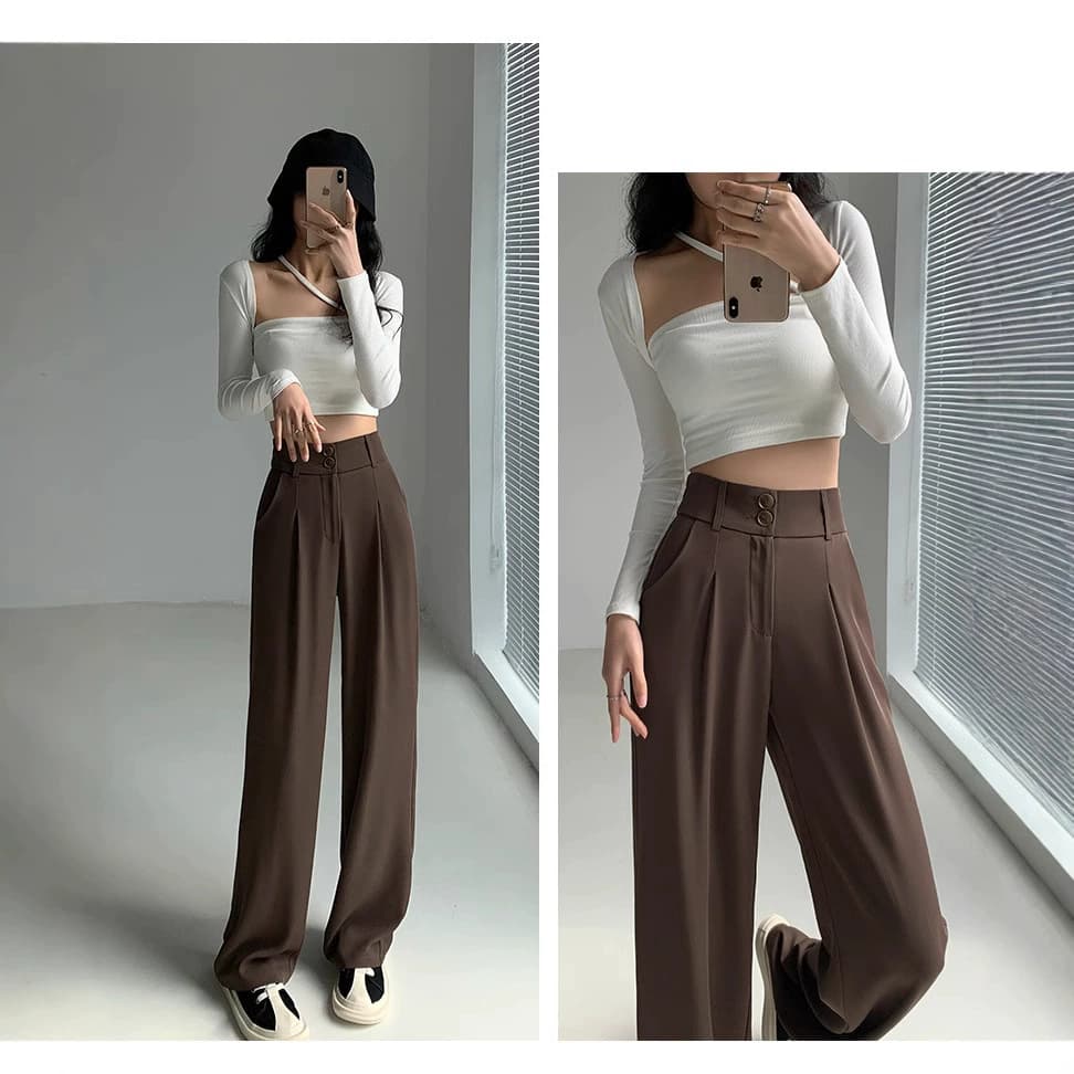 Костюм брюки женские весна и осень 2025 новая высокая талия вертикальные прямые брюки повседневный цвет хаки маленький человек швабра широкие брюки
