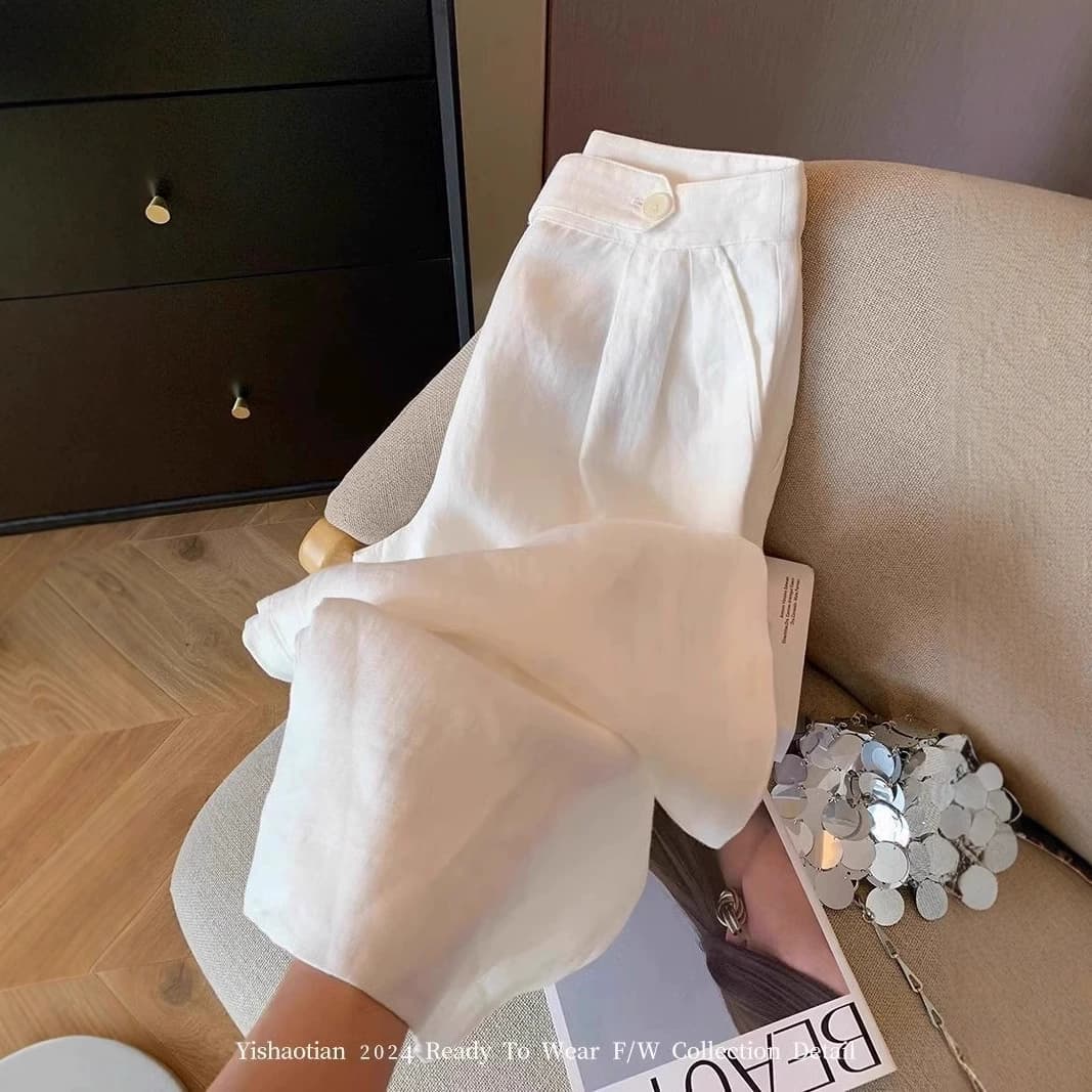 Белый льняной костюм, широкие брюки для женщин, летние тонкие дизайнерские драпированные узкие прямые повседневные брюки с высокой талией 2025 года