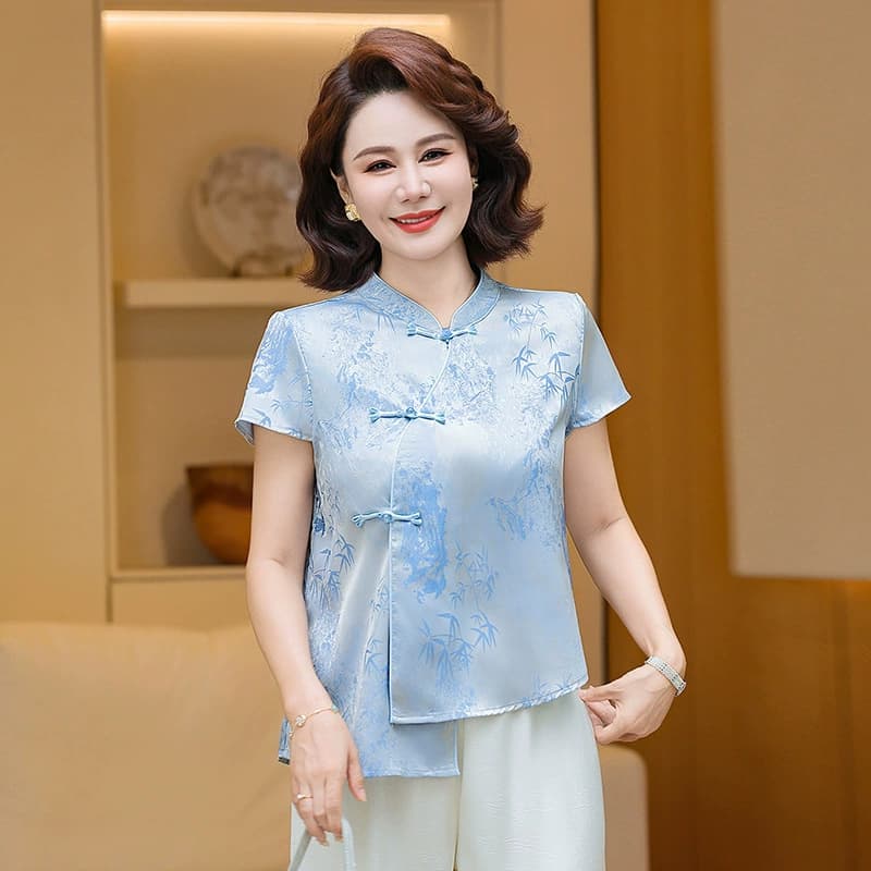 Новая летняя футболка с короткими рукавами для мам в китайском стиле для женщин среднего и пожилого возраста, новые летние топы из ледяного шелка