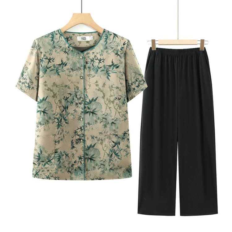 Летний костюм для людей среднего и пожилого возраста, футболка с короткими рукавами для бабушки, свободная рубашка для старушки, топ из двух предметов