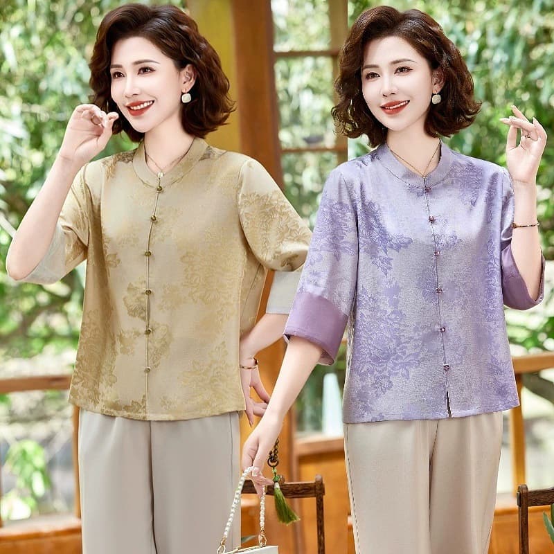 Новая летняя одежда для мамы, новые модные и благородные рубашки в национальном стиле, летние рубашки и топы с короткими рукавами в китайском стиле для женщин среднего и пожилого возраста.