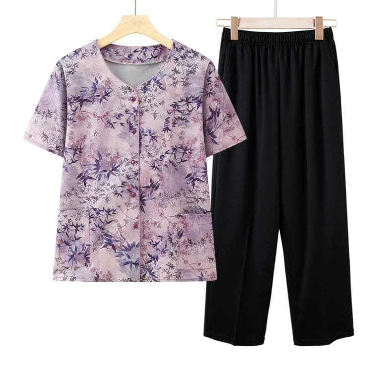Летний тонкий костюм для женщин среднего и пожилого возраста, летняя рубашка с короткими рукавами для бабушки, комплект из двух предметов в стиле кардигана для мамы.