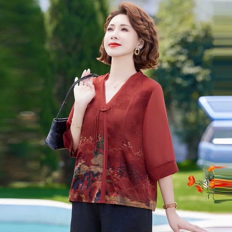 Новая летняя одежда для мам в китайском стиле для женщин среднего и пожилого возраста, топы с рукавами три четверти для пожилых людей, летняя рубашка из тенселя для бабушки