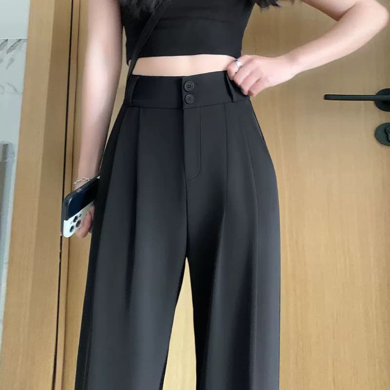 Черный костюм брюки женские летние 2025 новые высокие талии и вертикальные высокие чувства брюки прямые маленькие широкие брюки