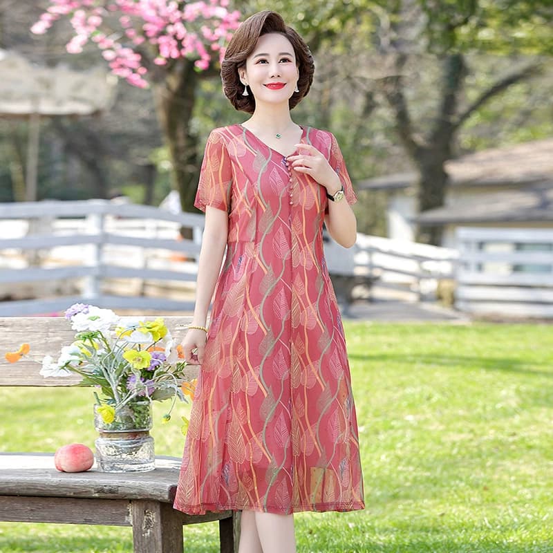 Летнее платье для мамы, женское модное новое платье с короткими рукавами для женщин среднего и пожилого возраста, свободная юбка средней длины большого размера для похудения