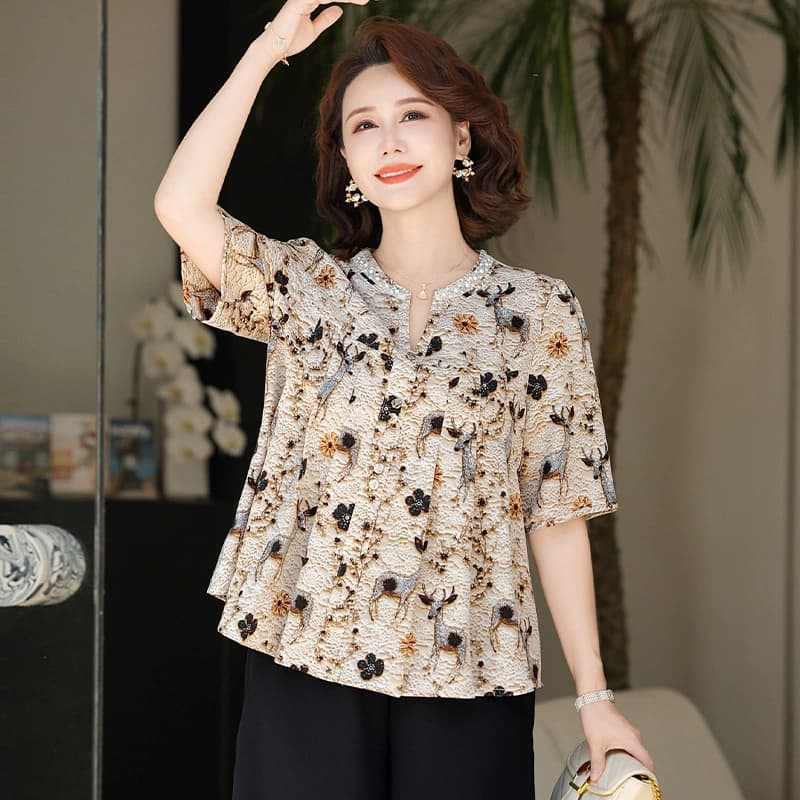 Летнее платье для мамы среднего возраста, модная шифоновая рубашка 2025, новые летние футболки с короткими рукавами для женщин среднего и пожилого возраста, топы
