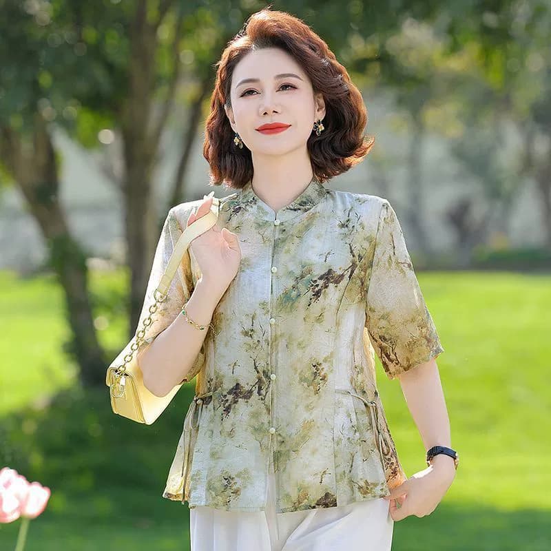 Летняя блузка в китайском стиле для мамы, новые женские модные топы для женщин среднего и пожилого возраста, шифоновая рубашка с короткими рукавами, закрывающая живот, 2025 г.