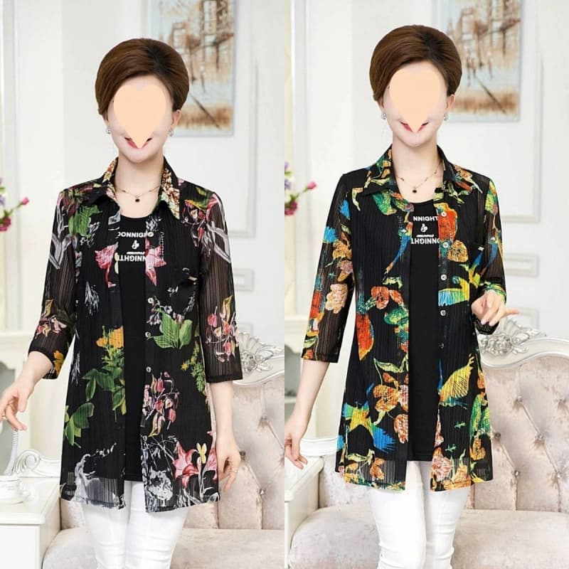 Шифоновые рубашки для женщин среднего и пожилого возраста, кружевные рубашки средней длины, летняя одежда для мам, свободные женские топы больших размеров, одинарные куртки.