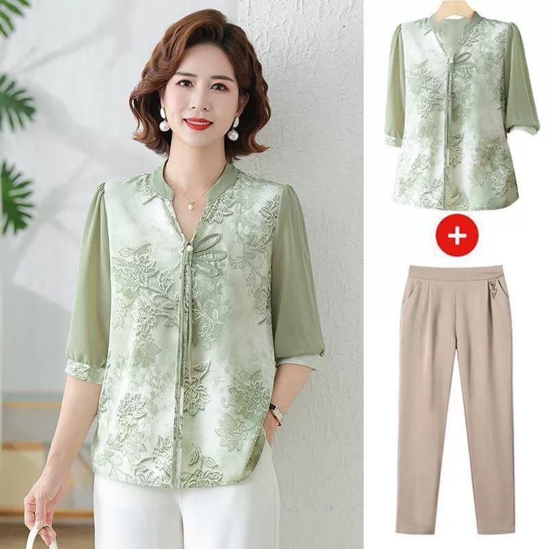 Летние топы для женщин среднего и пожилого возраста + повседневные брючные костюмы, элегантная, модная, удобная и утягивающая одежда для мам, одежда с короткими рукавами в китайском стиле.