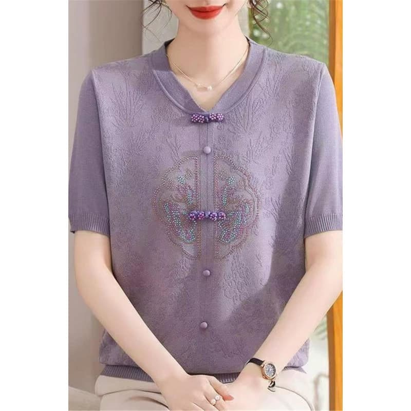 2025 новый летний стиль в китайском стиле с узором Fulu, элегантная одежда для мам, модные тонкие топы с короткими рукавами для людей среднего и пожилого возраста.