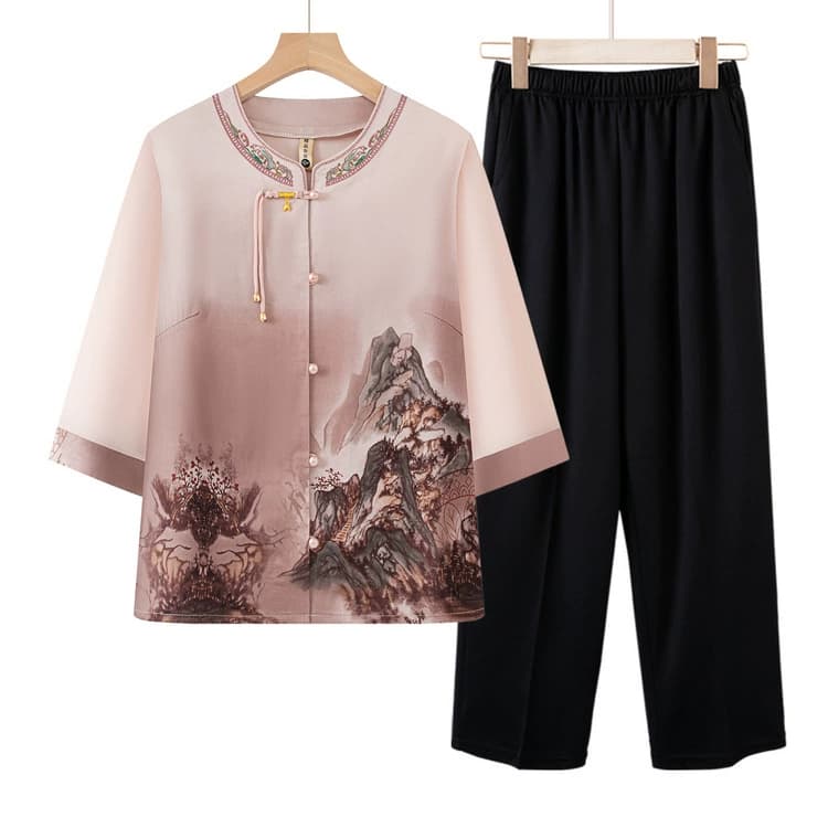 Летний костюм мамы, рубашка в китайском стиле, летнее платье для пожилых людей, футболка бабушки, широкий топ невестки.