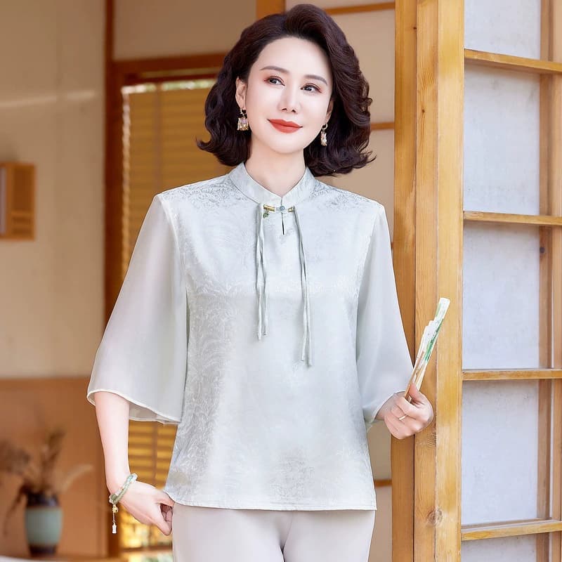 2025 весенне-летняя новая одежда для мам, новая рубашка в китайском стиле, иностранный стиль, летний топ с рукавами три четверти для женщин среднего и пожилого возраста в национальном стиле