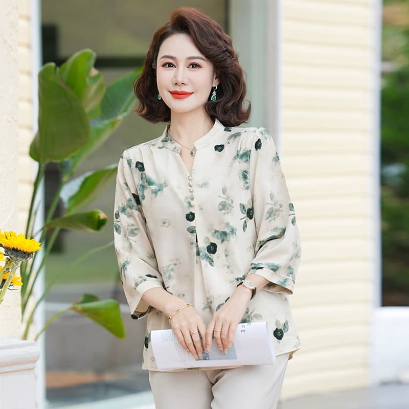 Летнее платье для мамы, модная шифоновая рубашка 2025, новая летняя футболка для женщин среднего и пожилого возраста с рукавом три четверти, топ, закрывающий живот